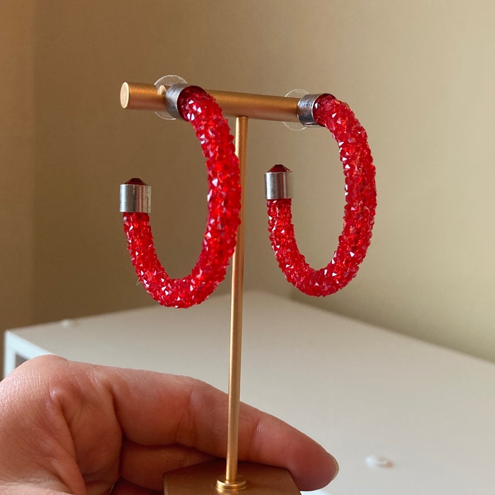 Red Crystal Textured Hoop Earrings - Picture 2 of 9